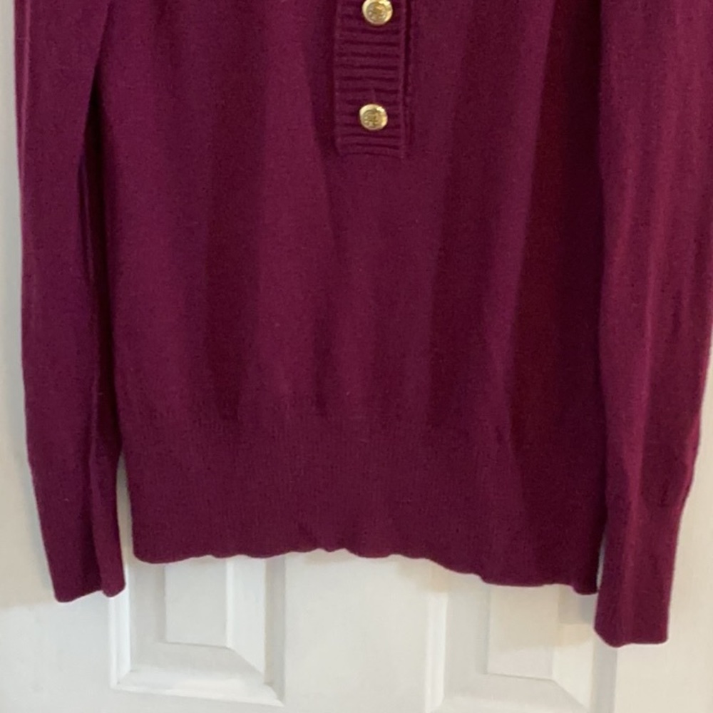Tory Burch Dark Raspberry Wool/Cashmere Blend Sweater w/ Gold Logo Buttons - Picture 4 of 11